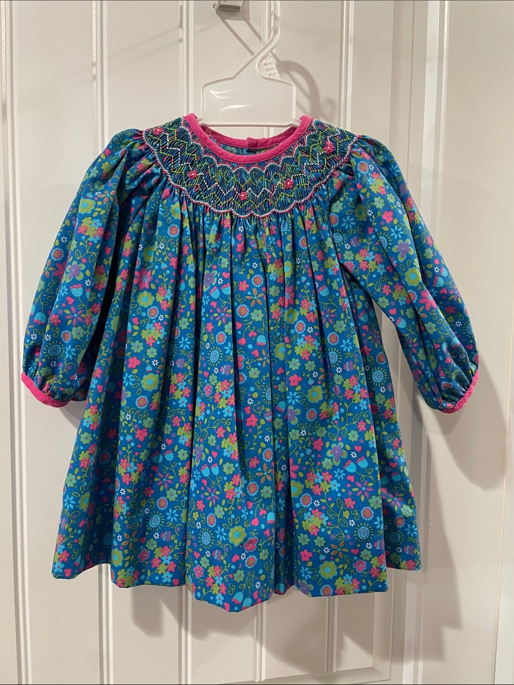 NWOT Petit Ami Blue Smocked Floral Dress with Pink Trim